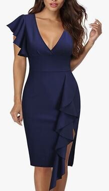 Knitee Women's Deep-V Neck Ruffle Sleeves Cocktail Party Slit Formal Sz. L NWT